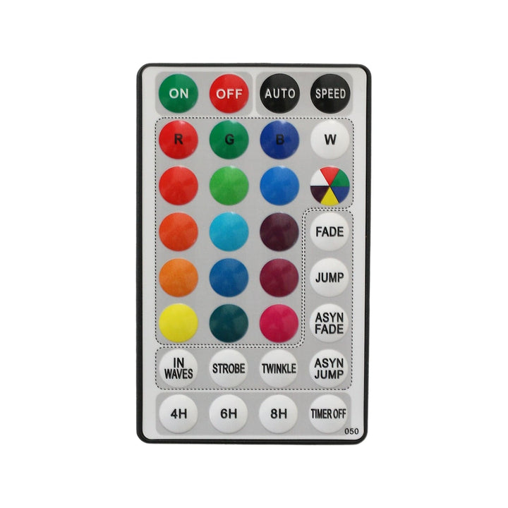 Remote control with color buttons and labeled functions on a white background
