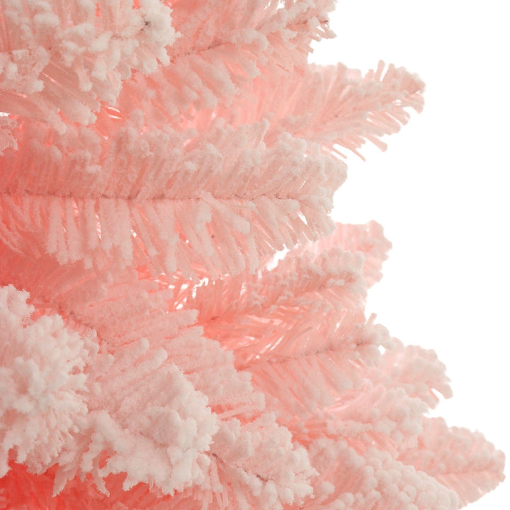 close up of flocking details on pink slim christmas tree