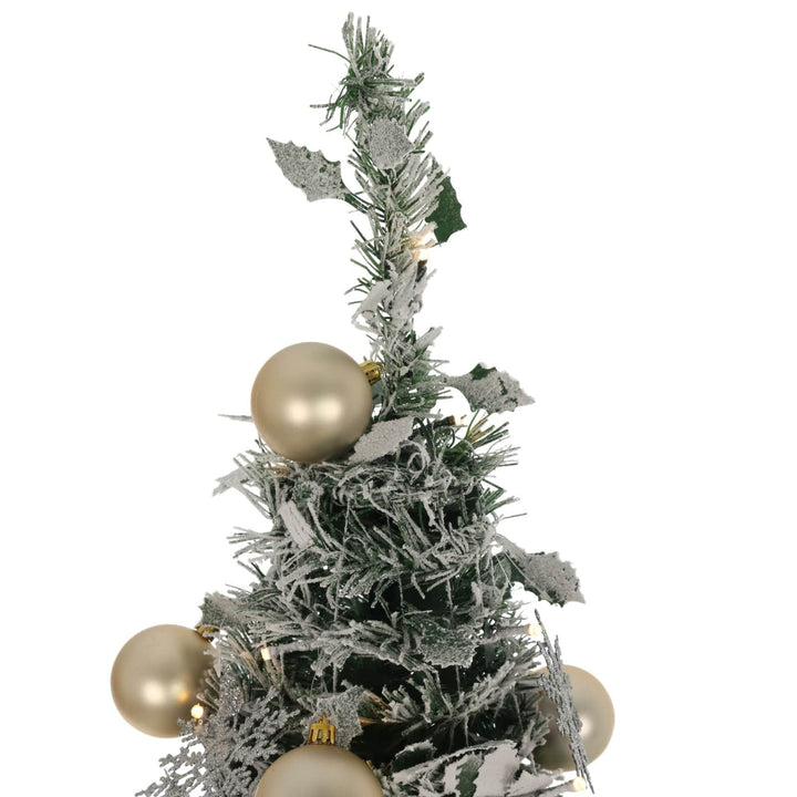 top of tree featuring snow flocked branches and holly leaves