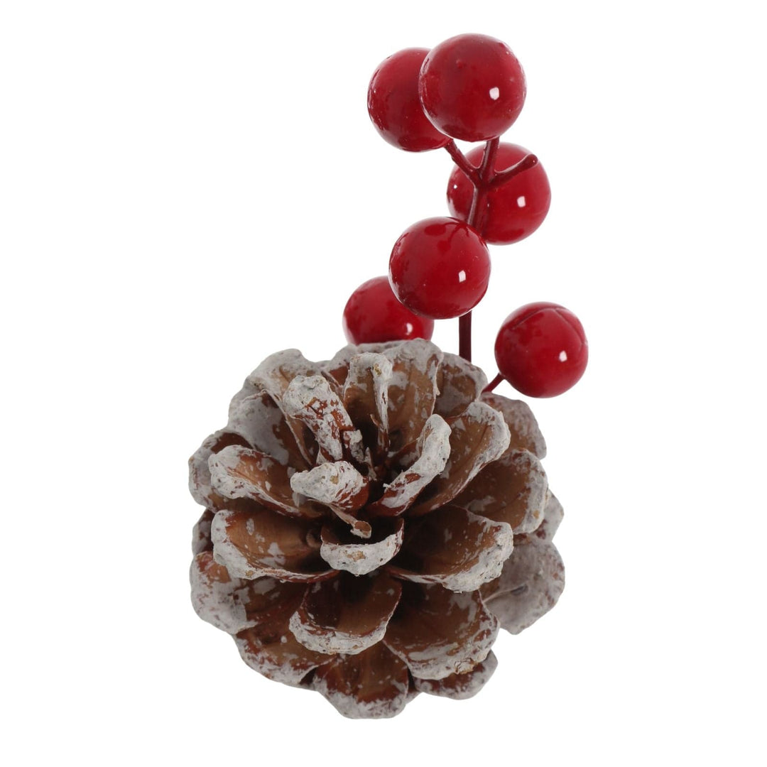 top view of pine cone with red berry cluster