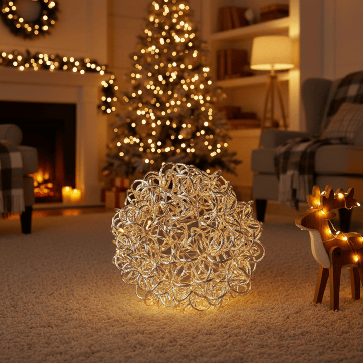 Decorative light ball on a carpeted floor with a Christmas tree and fireplace in the background.