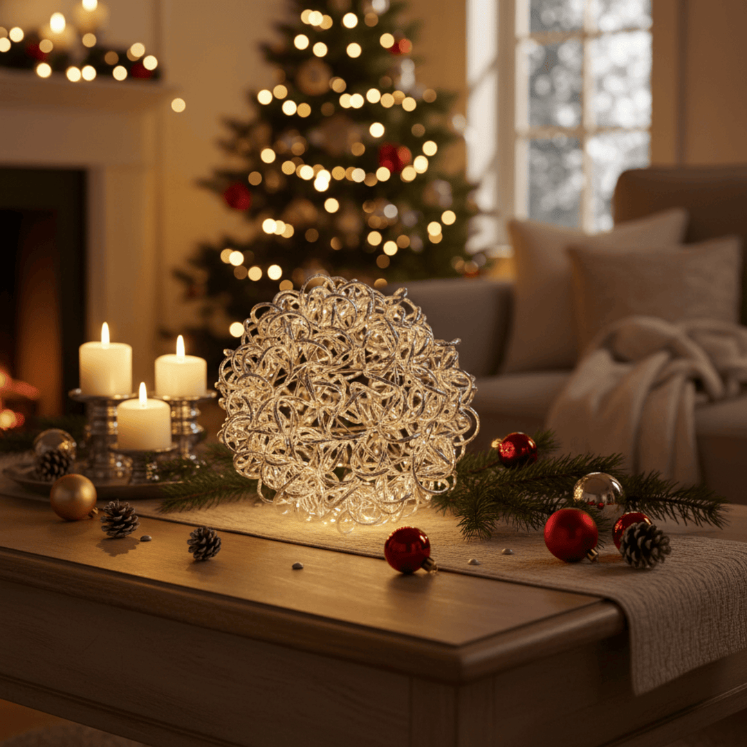 Decorative Christmas scene with a lighted wreath, candles, and ornaments on a table.