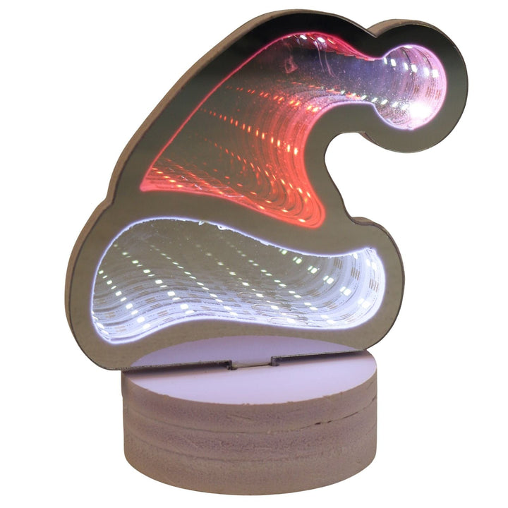 Decorative light shaped like a santa hat with red and white lights on a white background