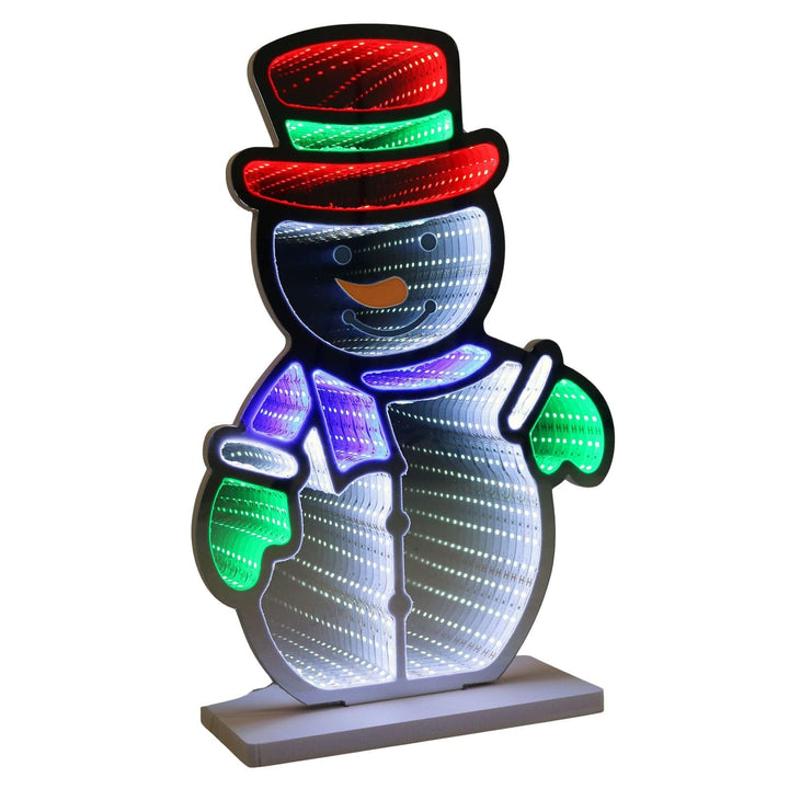 Colorful LED snowman decoration on a white background