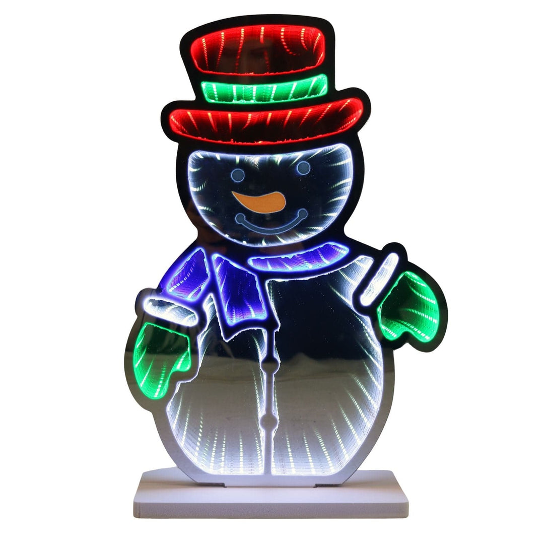 Colourful neon snowman figure on a white background