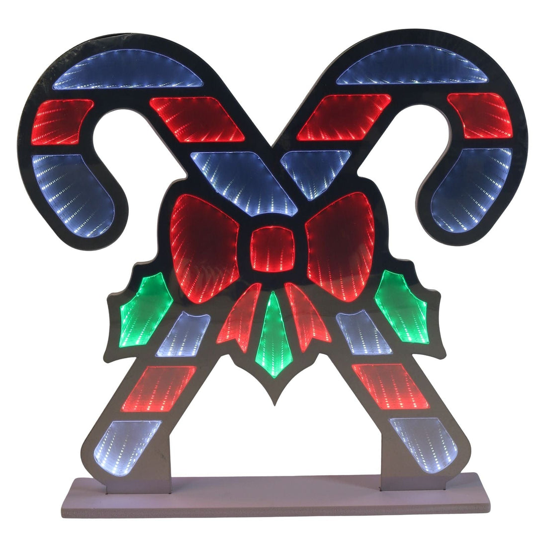 Decorative candy cane with red, blue, and green lights on a white background