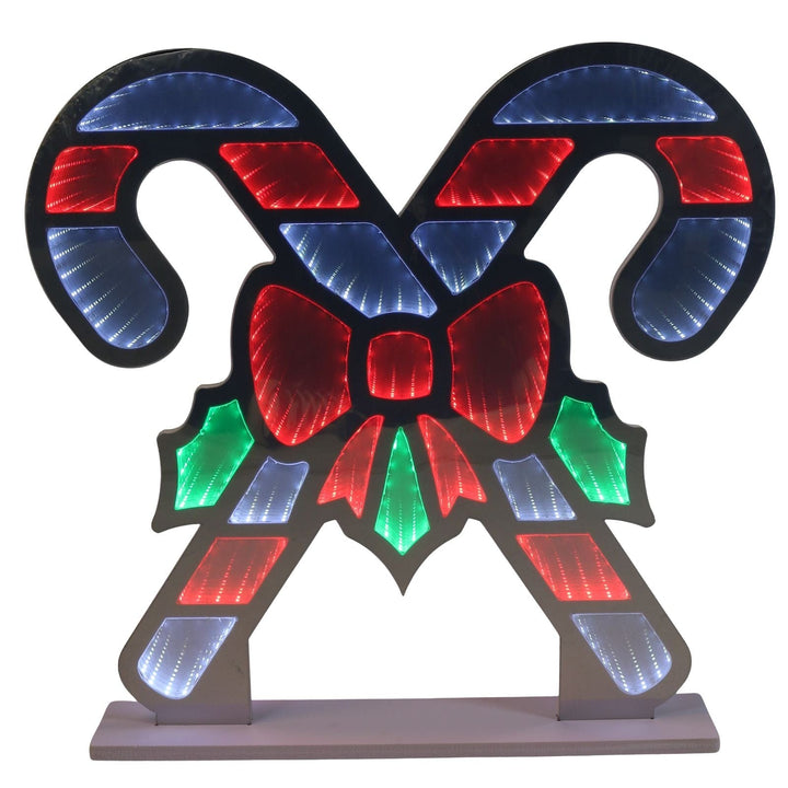 Decorative candy cane with red, blue, and green lights on a white background