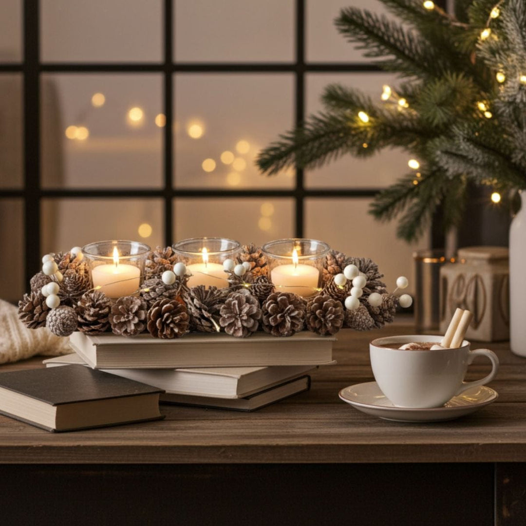 Decorative arrangement with candles, pinecones, and a cup on a wooden table.