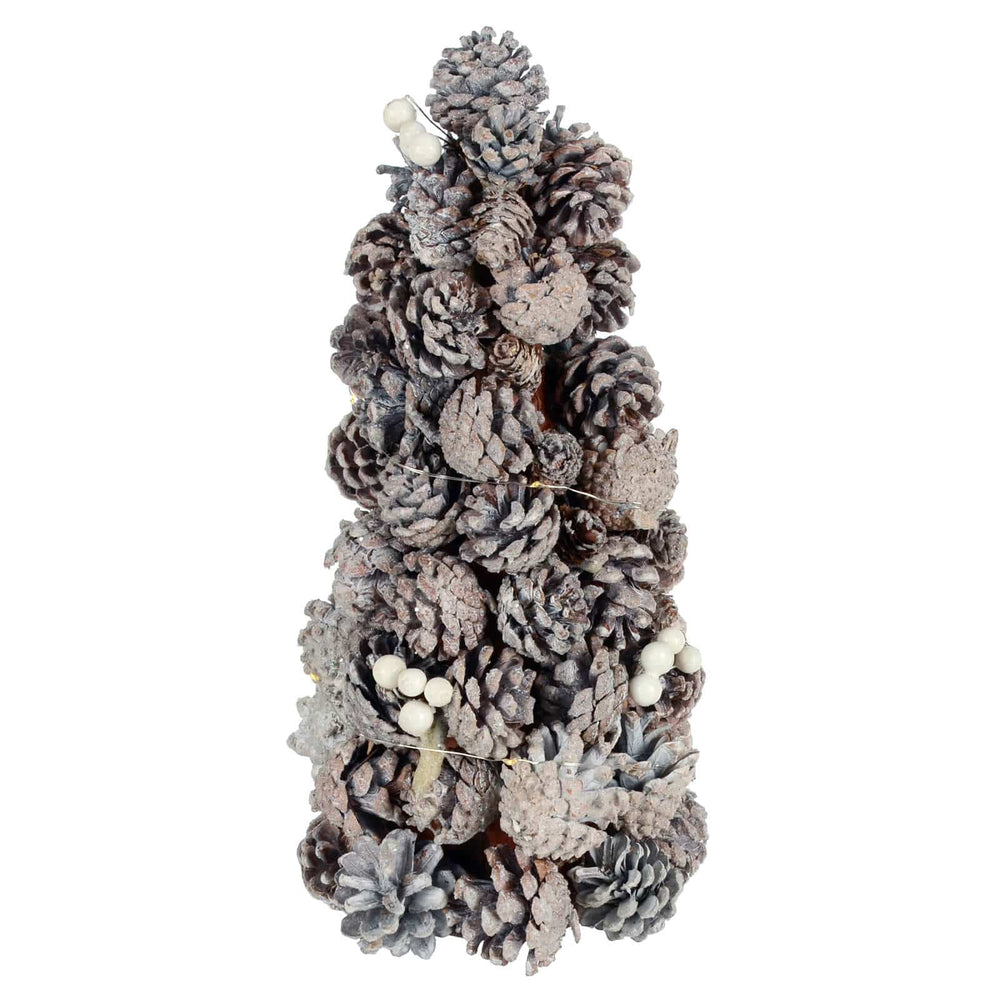 Decorative pine cone tree with lights on a white background