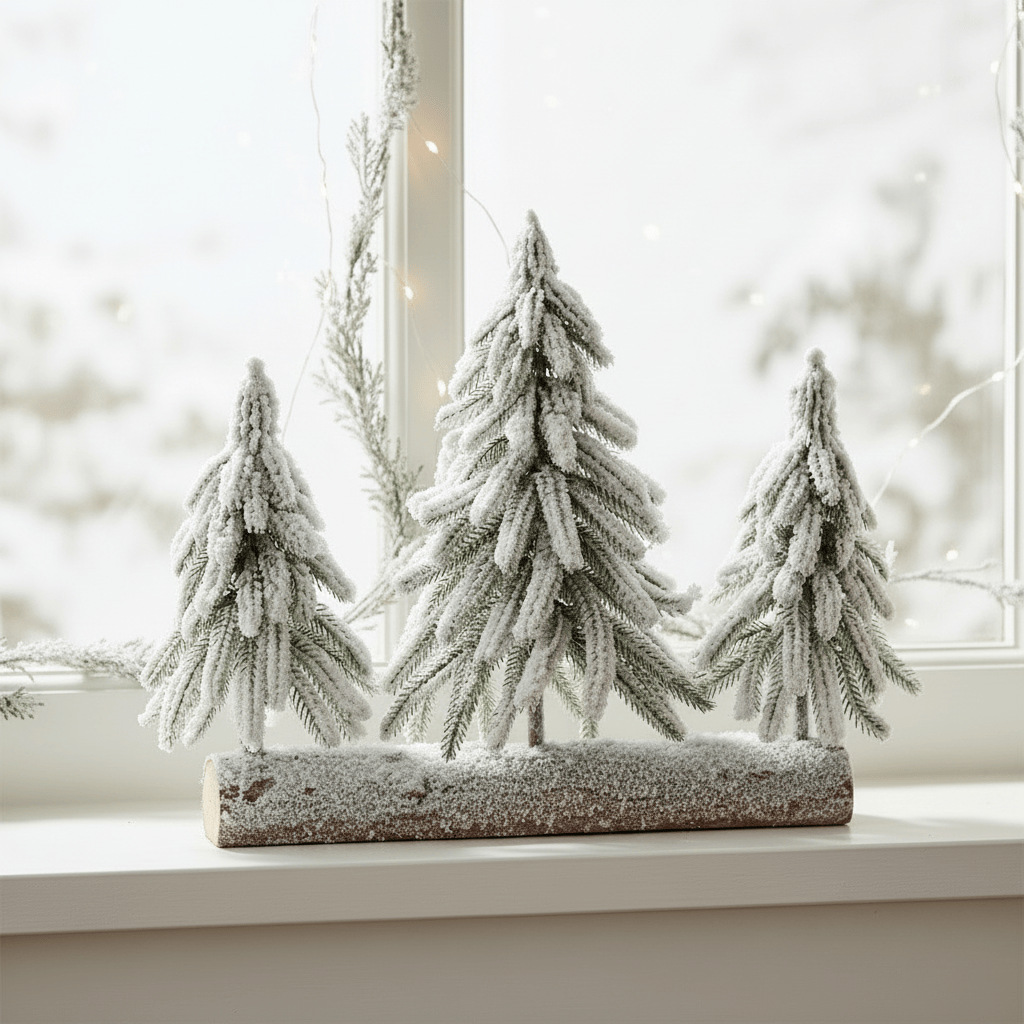 Decorative set of three frosted trees on a log against a blurred window background