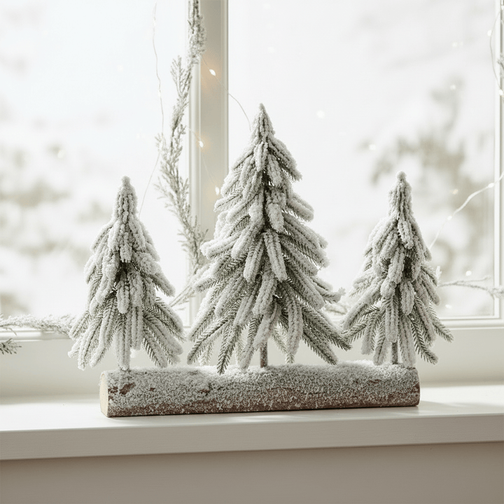 Decorative set of three frosted trees on a log against a blurred window background