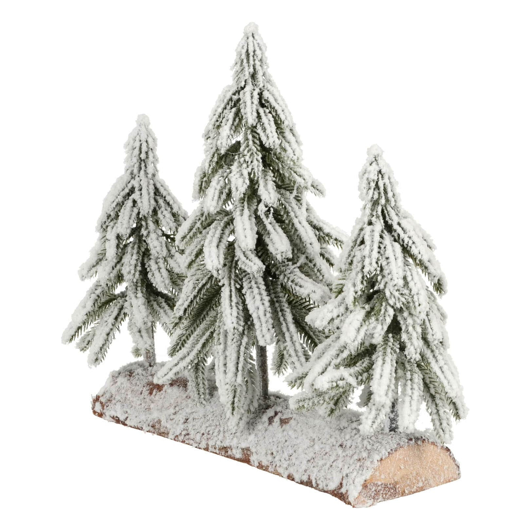 Three mini frosted Christmas trees on a half log wooden base festive decoration
