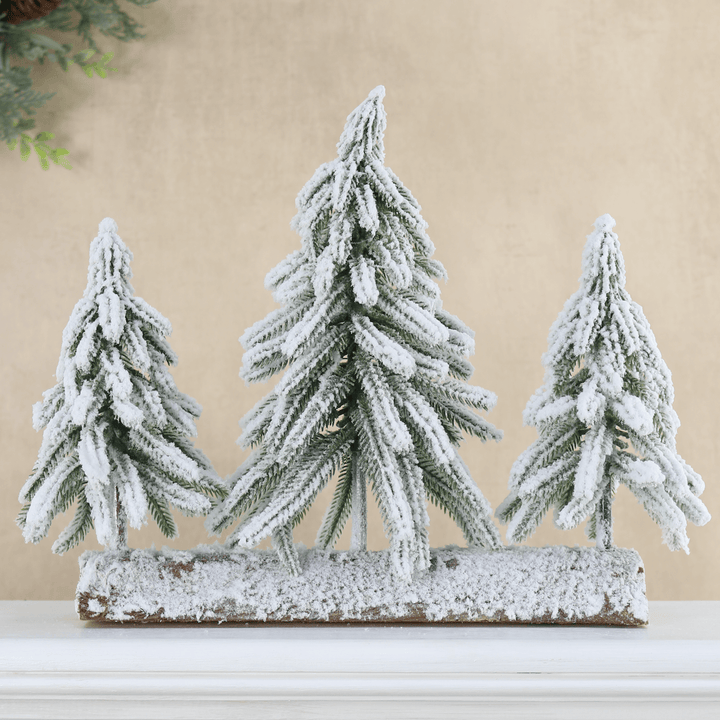 Snow Frosted Christmas Tree Trio Wooden Log Decoration 32cm