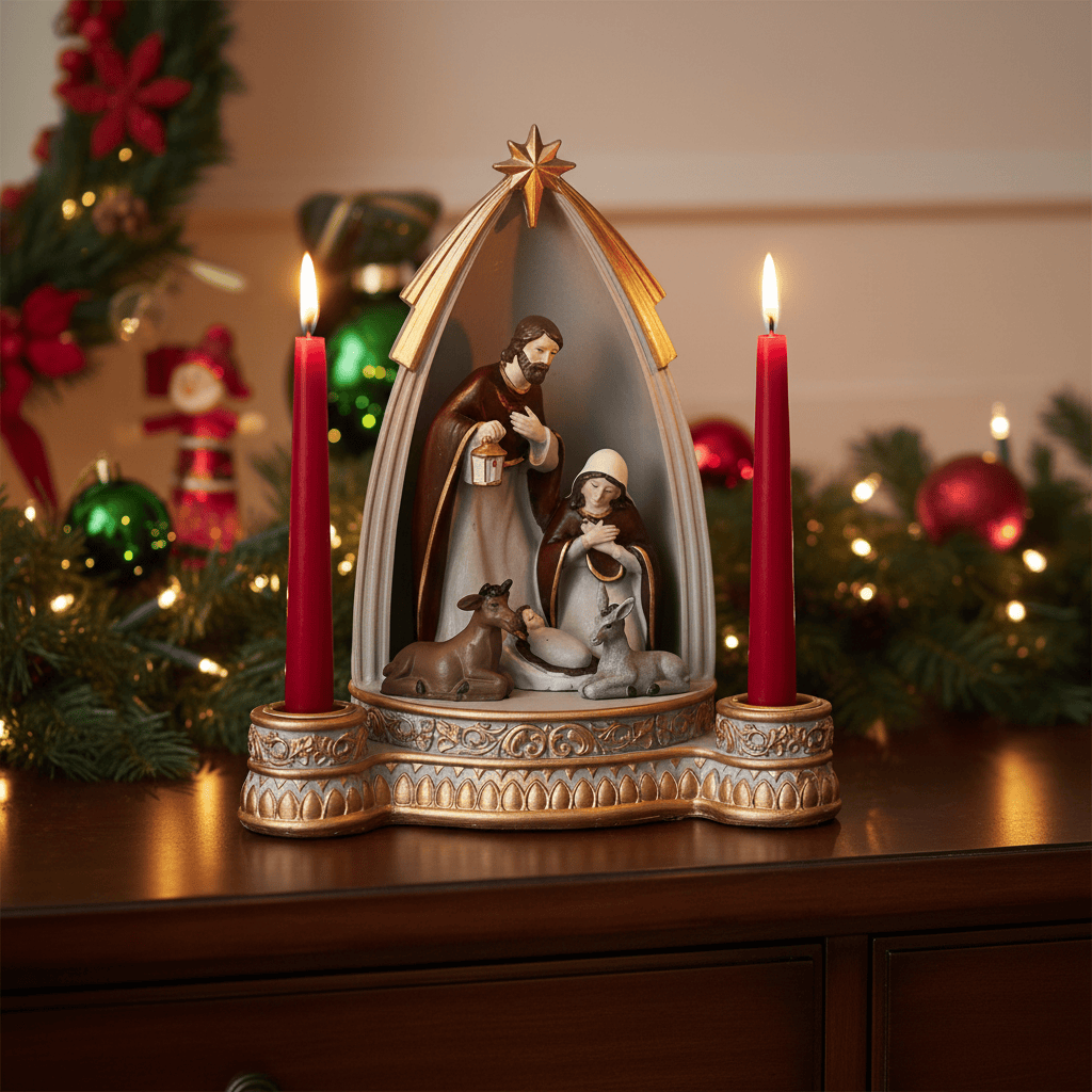 Decorative nativity scene with two lit red candles on a wooden surface, surrounded by Christmas decorations.