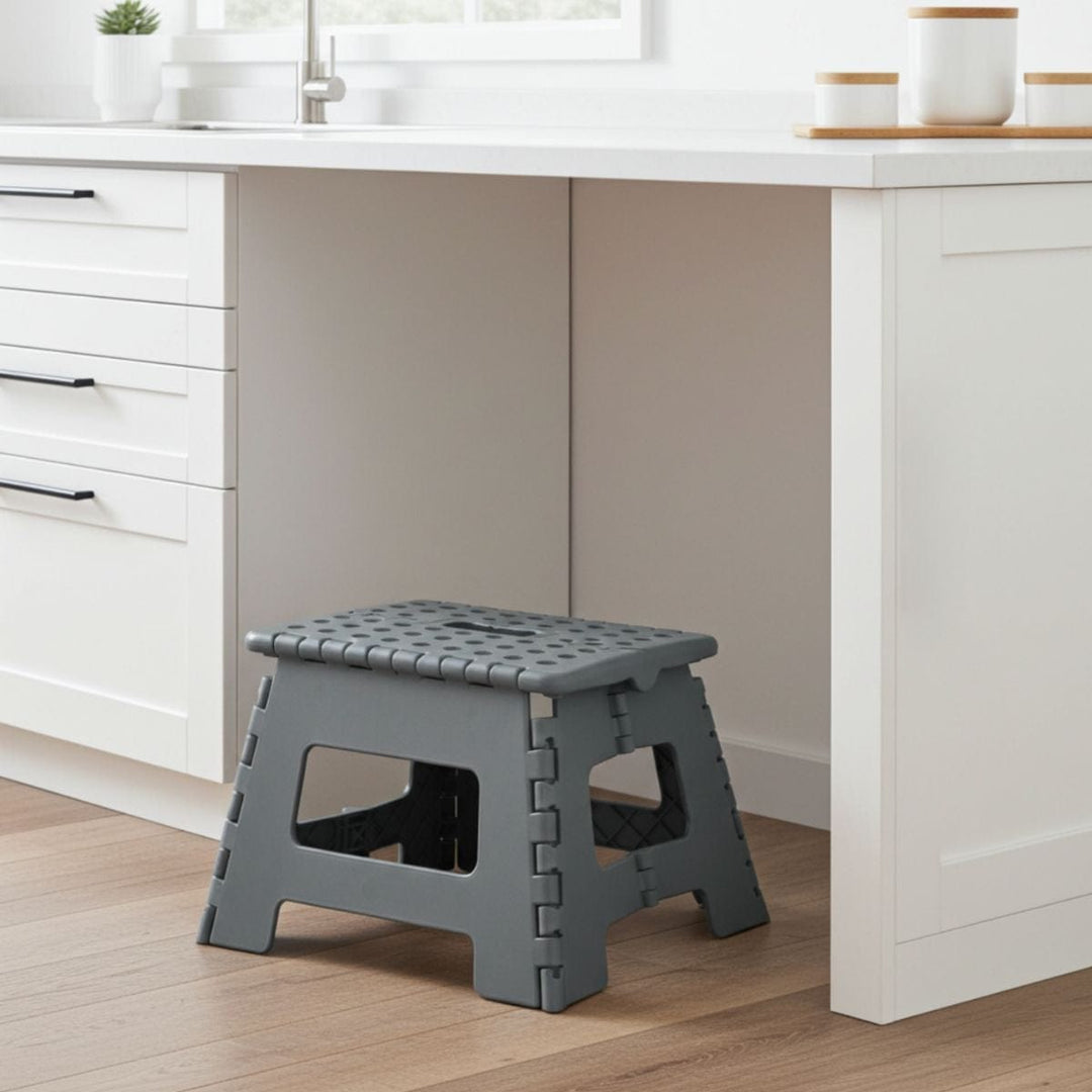 Grey step stool in a kitchen setting