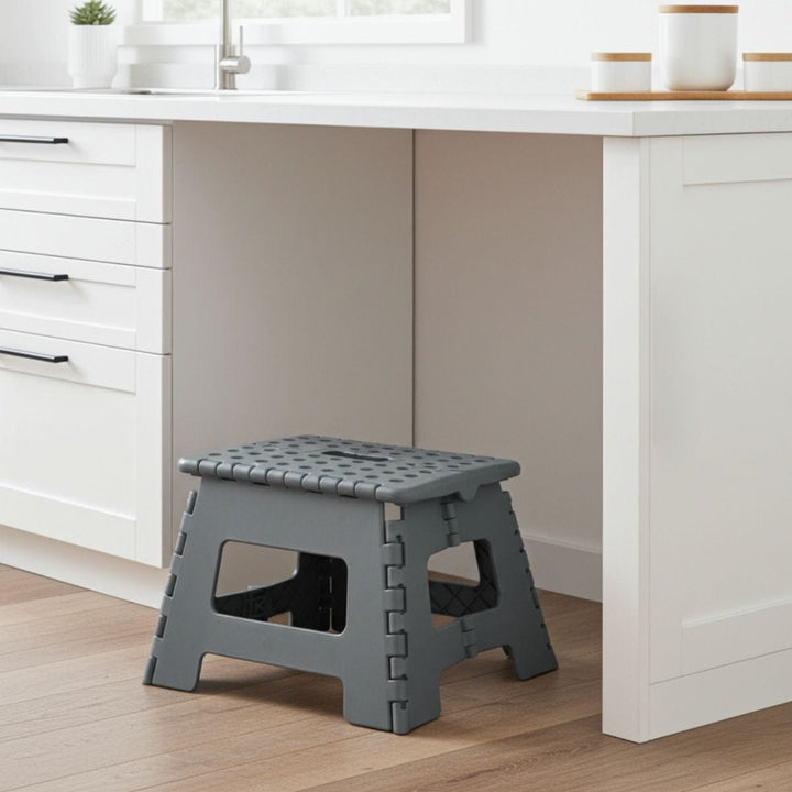 Grey step stool in a kitchen setting