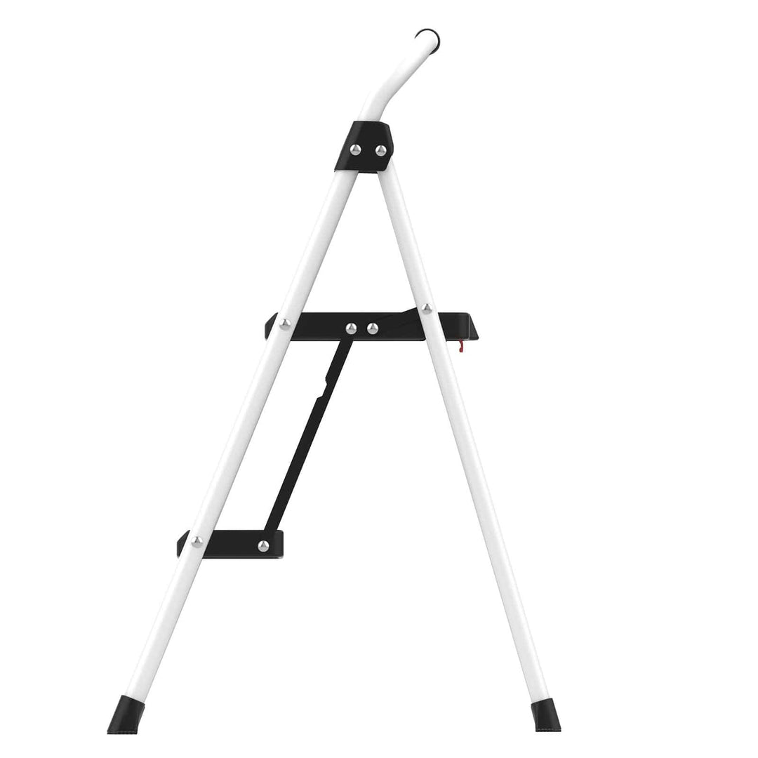 Side profile of a white ladder with 2 black steps