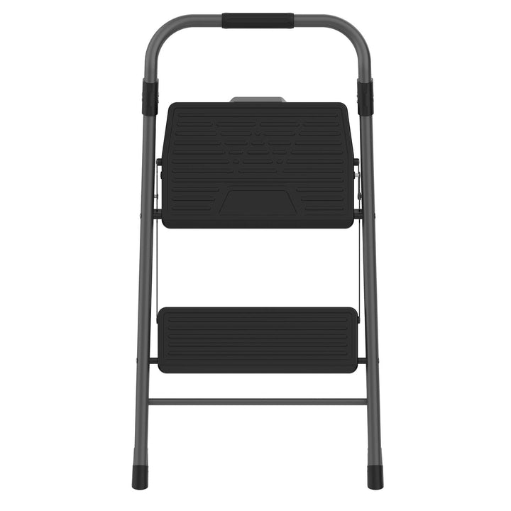 Folded grey metal step ladder with 2 black steps

