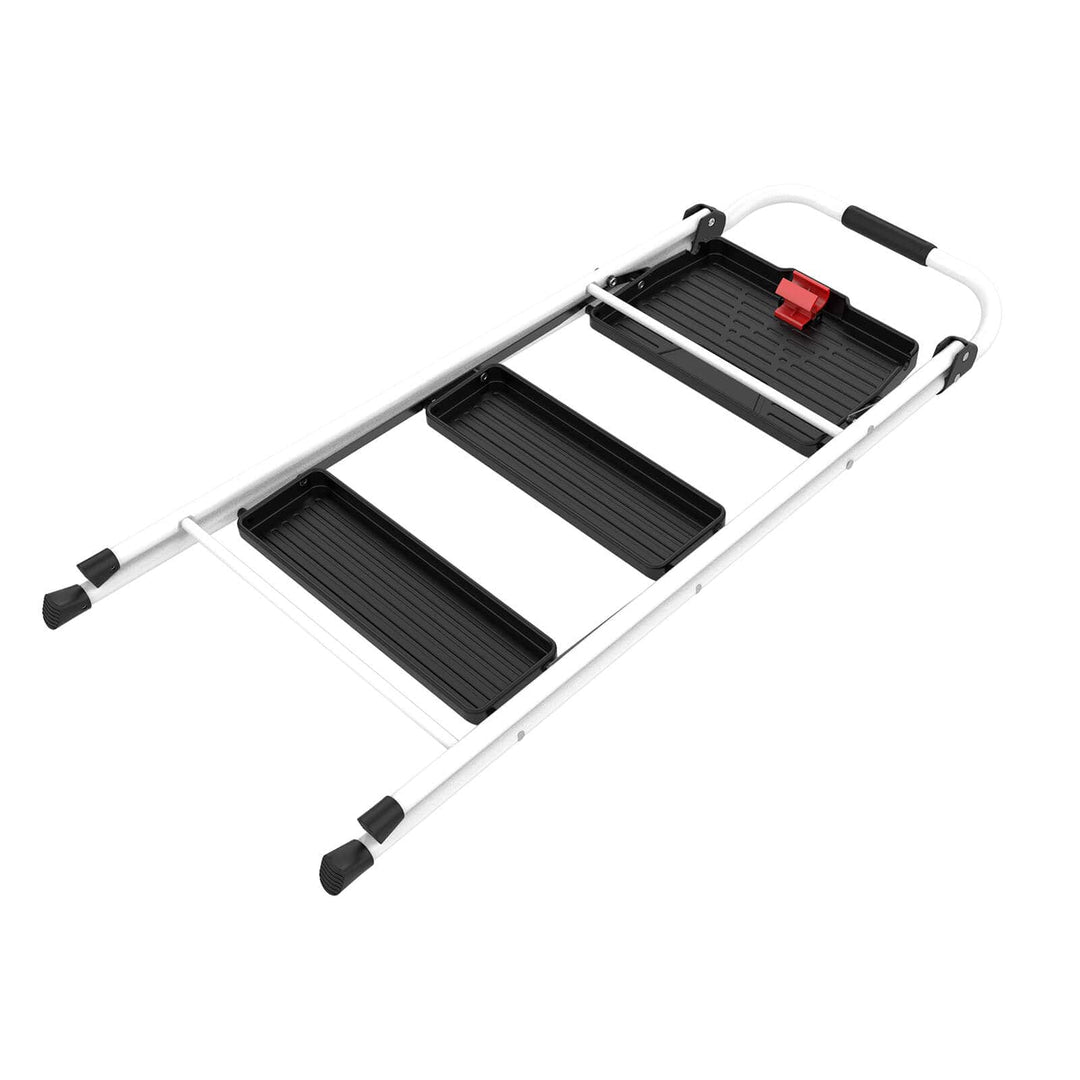 Folded flat white step ladder with 3 black steps