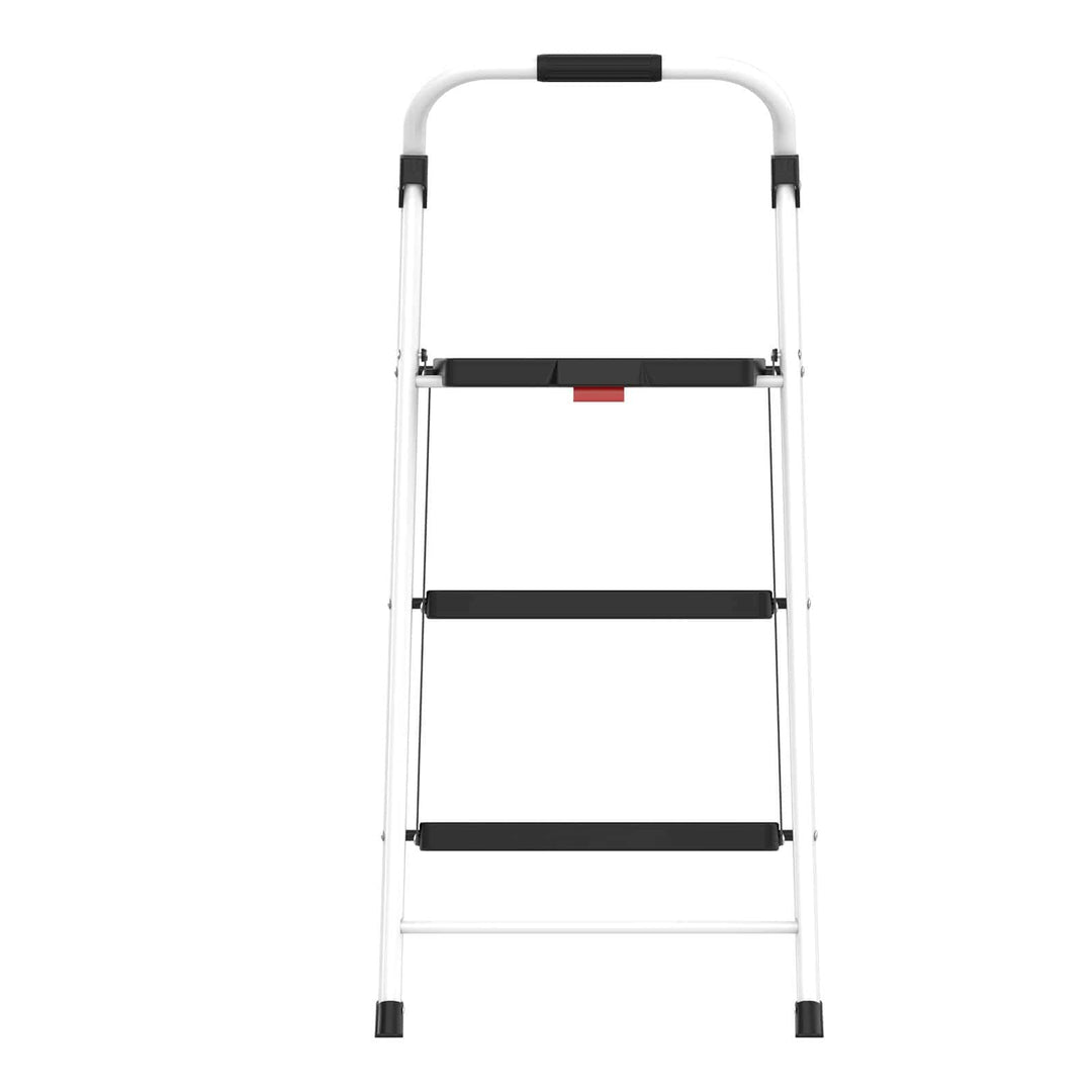 Front profile of a white step ladder with 3 black steps
