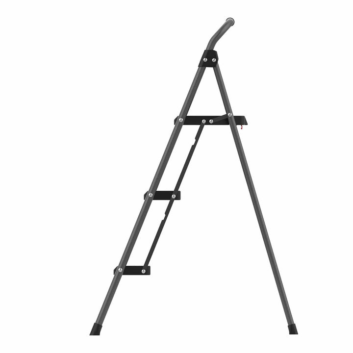 Side profile of a grey steel step ladder with 3 steps