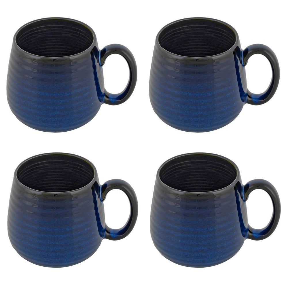 Set of 4 dark blue and black large coffee mugs on white background