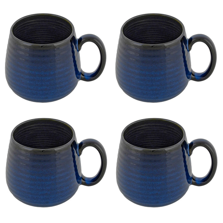 Set of 4 dark blue and black large coffee mugs on white background