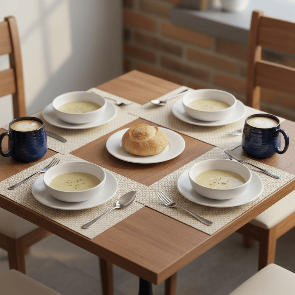 Dining table set with bowls of soup, bread, and mugs on placemats.