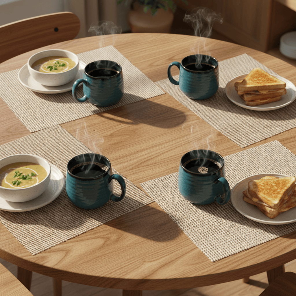 Round wooden table set with steaming mugs, bowls of soup, and plates of toast.