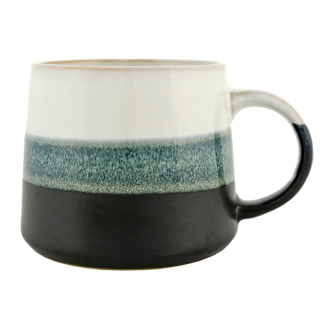 Large base coffee mug with bands of grey black and white