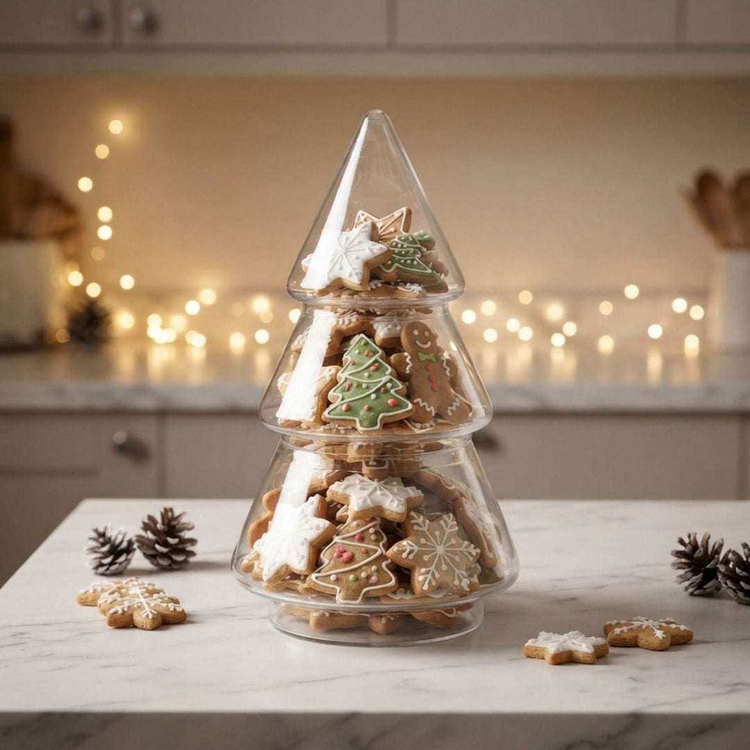 A tiered clear glass cookie jar shaped like a Christmas tree, filled with assorted decorated gingerbread cookies, set on a marble countertop with warm holiday lights blurred in the background.