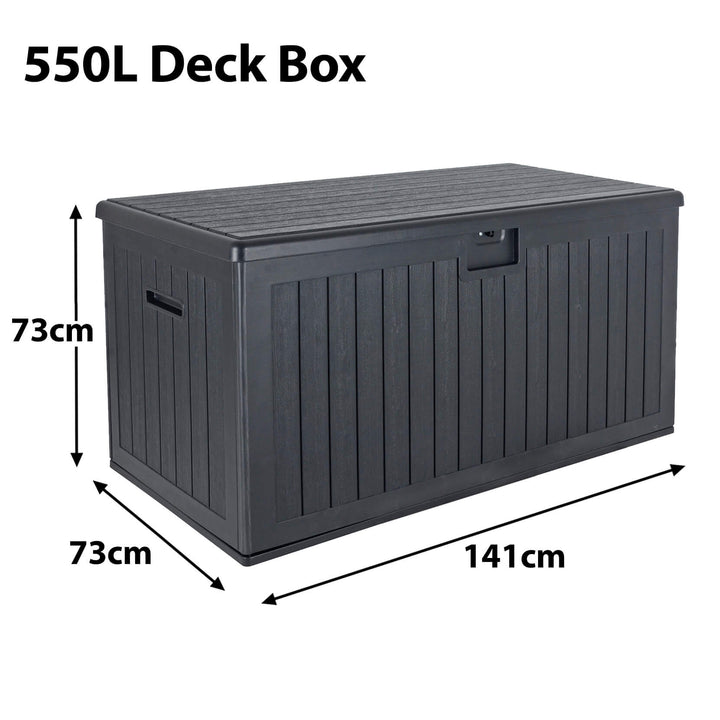 Dimensions for a dark grey 550L deck box