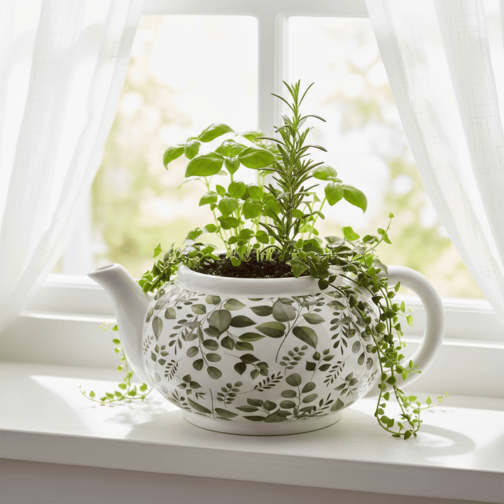 Teapot Planter Ceramic Flower Pot Herbs Succulents Home 34cm
