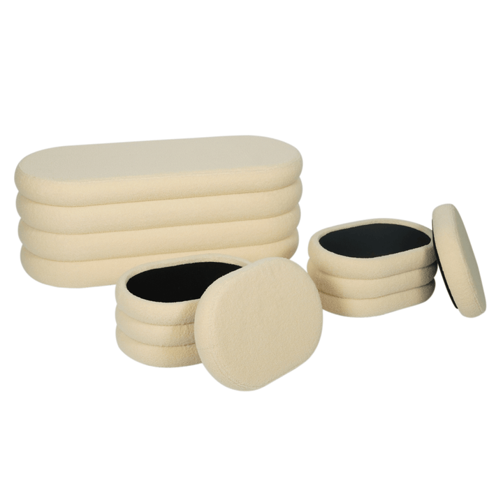 Set of 3 Teddy Ribbed Storage Stool Ottoman Bench Nested Plush Oval