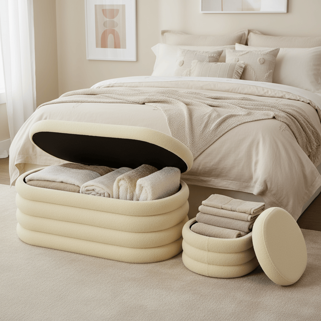 Off White storage ottomans in a bedroom setting with folded clothes inside.