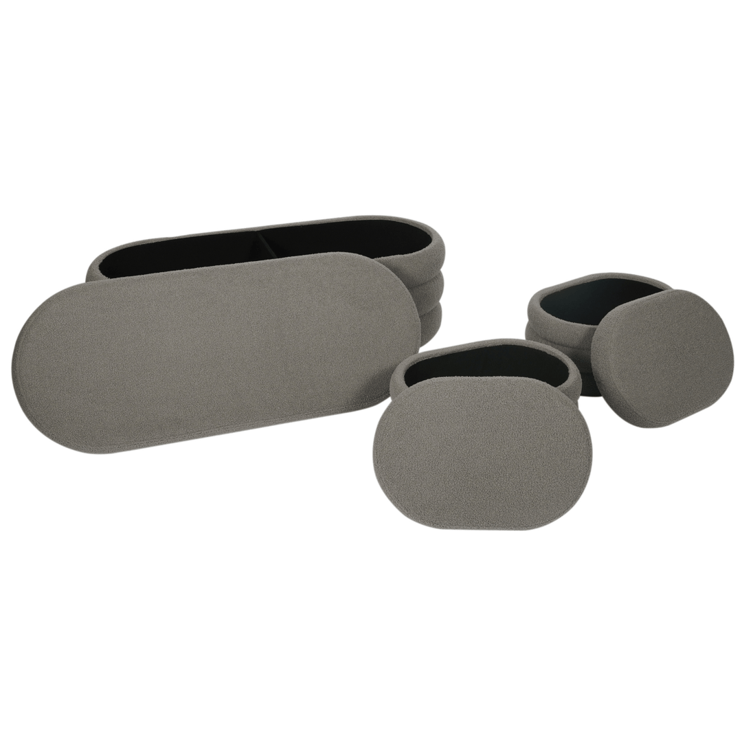 Set of 3 Teddy Ribbed Storage Stool Ottoman Bench Nested Plush Oval