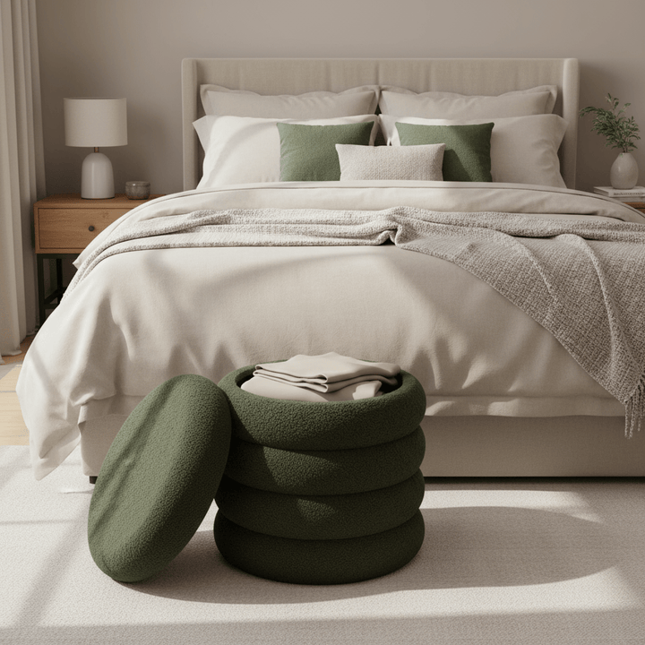 Sage Green Teddy Stool in front of a neatly made bed with white bedding and green pillows.