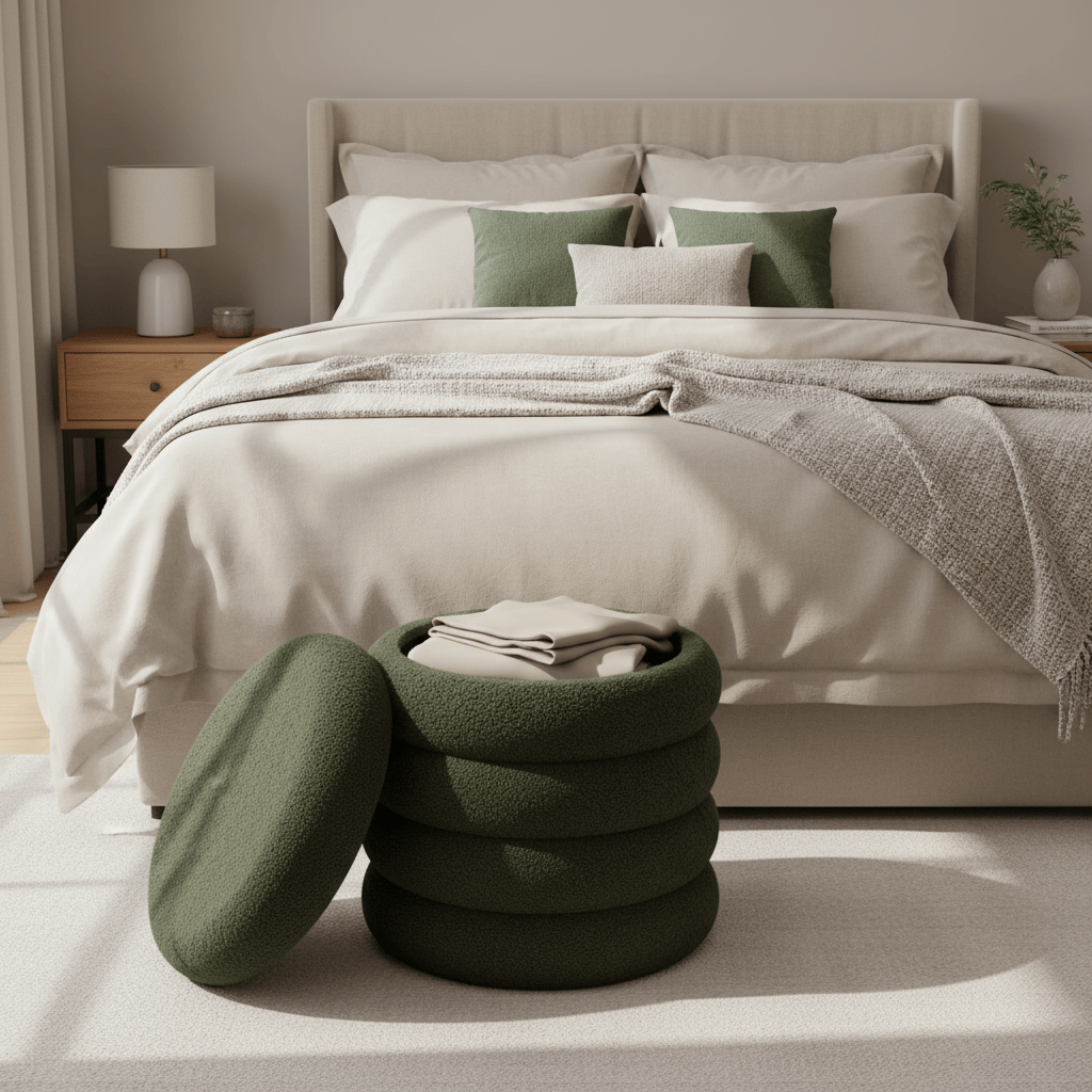 Sage Green Teddy Stool in front of a neatly made bed with white bedding and green pillows.