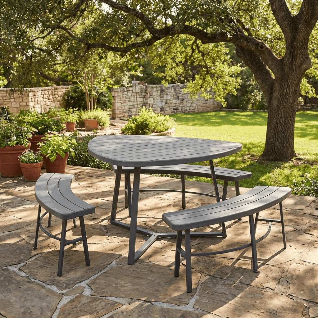 grey picnic set in garden on concrete patio with tree and wall in background