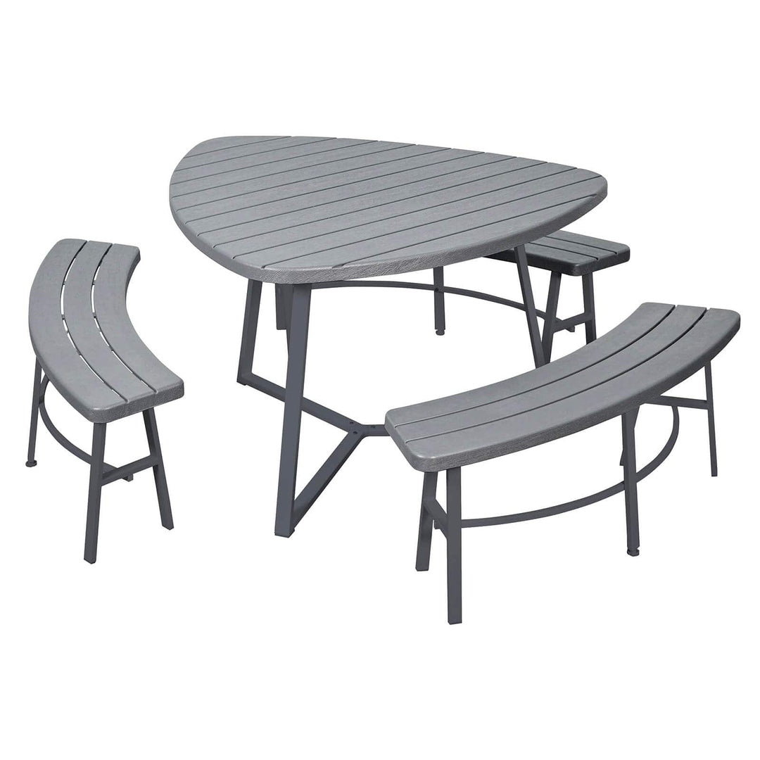Grey outdoor picnic table with 3 curved benches on a white background