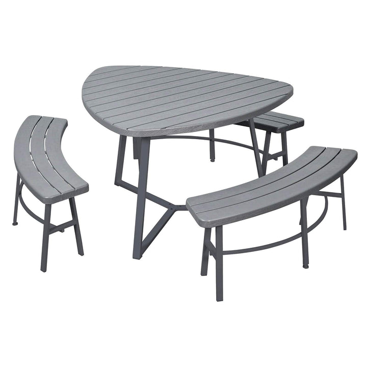 Grey outdoor picnic table with 3 curved benches on a white background