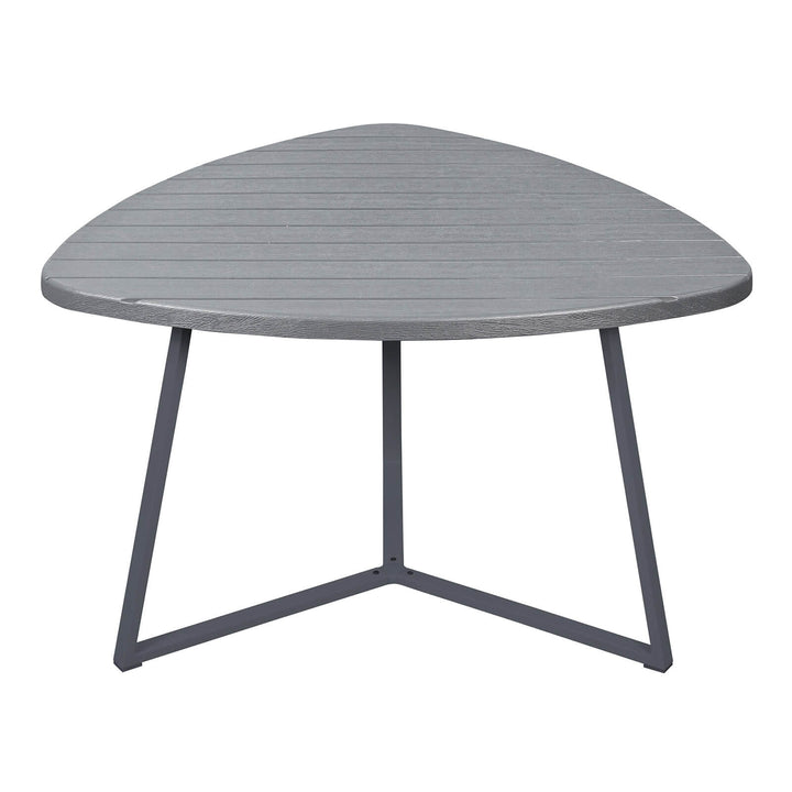 Triangular shaped outdoor picnic table on a white background