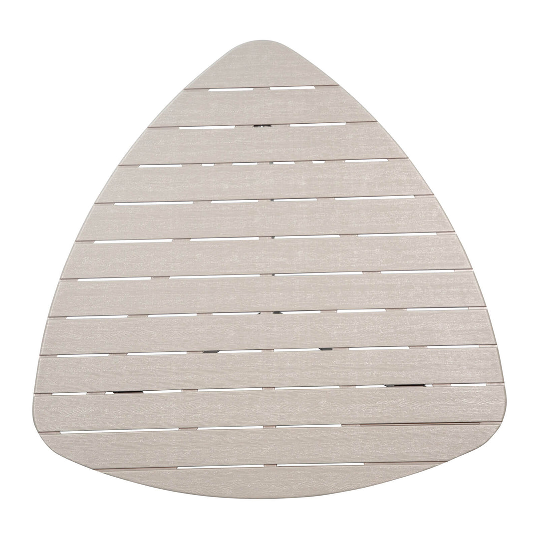 Overhead view of a beige slatted triangular shape picnic table