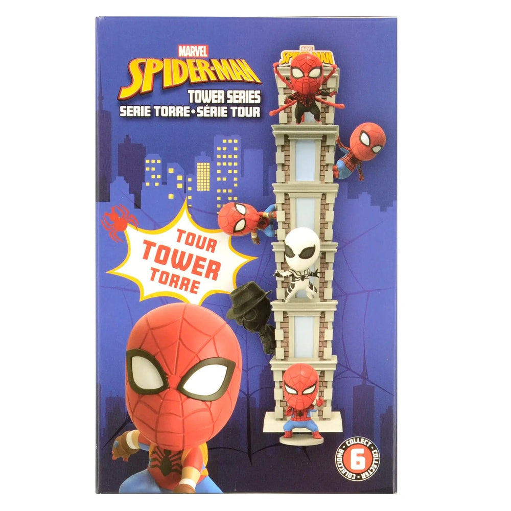 Side of the box of a Spiderman tower series collectible figure showing the tower that all figure can make