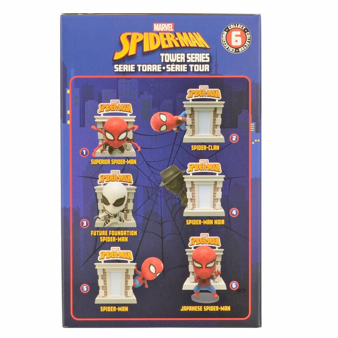 Side of the box of Spiderman tower series collectible figure showing all 6 characters to collect