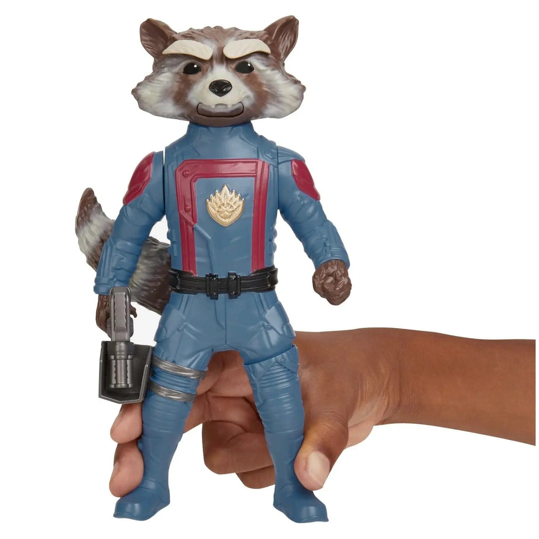 Hand holding Rocket the Racoon action figure from Guardians of the Galaxy