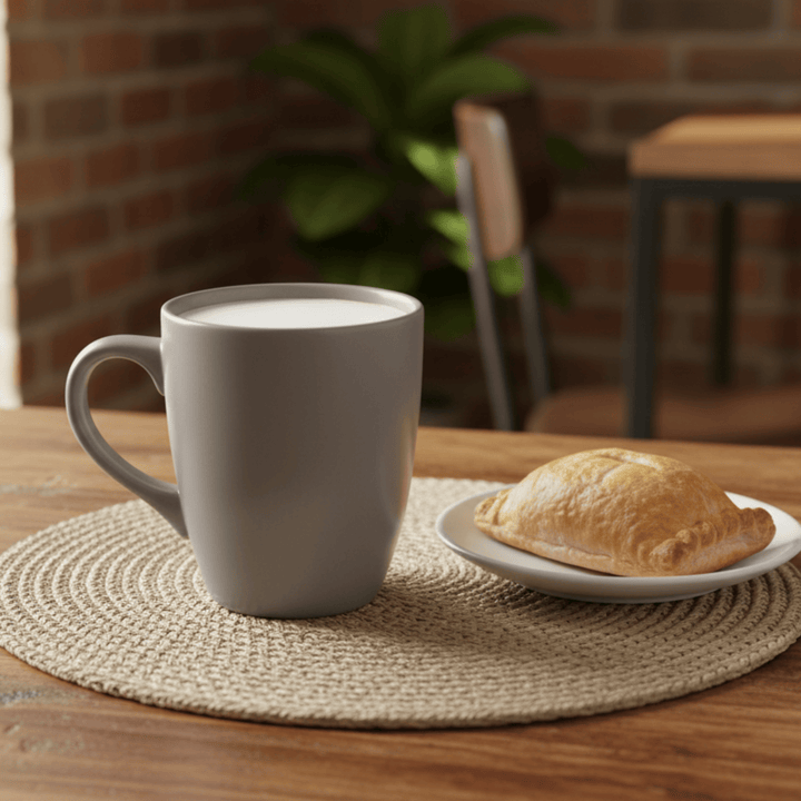Gray mug with a hot beverage on a woven placemat next to a pastry on a wooden table.