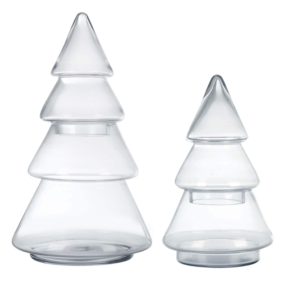 2 glass christmas tree shaped jars side by side on white background