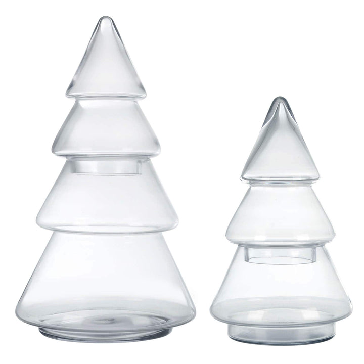 2 glass christmas tree shaped jars side by side on white background