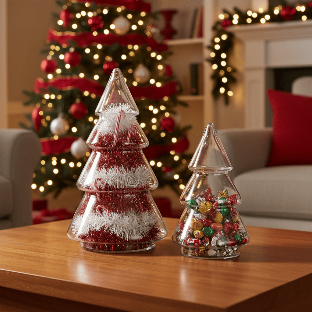 Christmas Tree Shape Tier Glass Storage Jar Container Lid Decoration